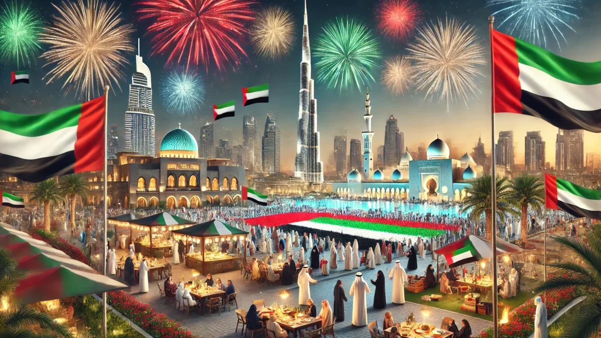 UAE flag and citizens celebrating National Month and Flag Day